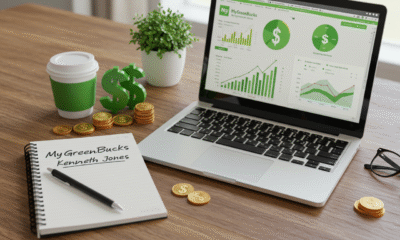 Laptop showing MyGreenBucks dashboard with financial charts, notebook with Kenneth Jones' program name, and office accessories on wooden desk