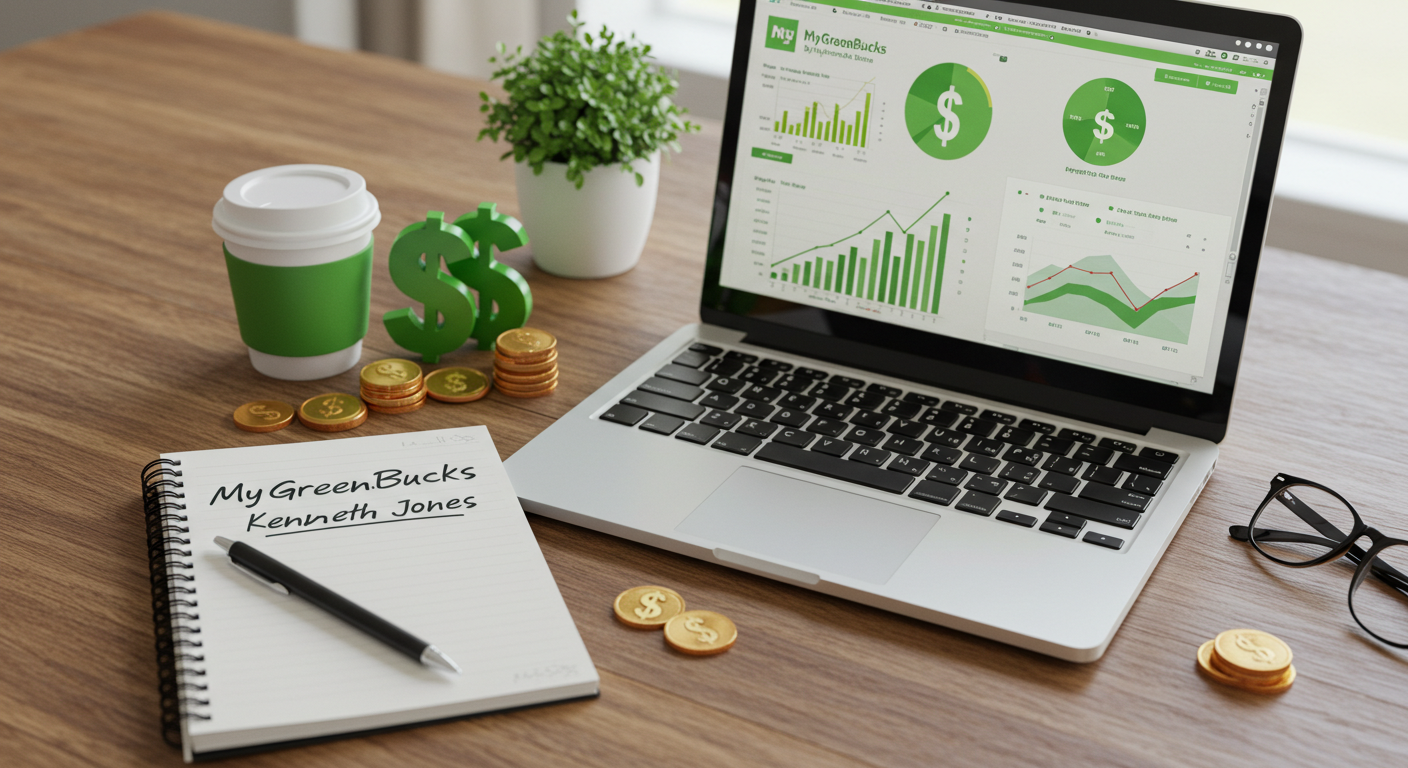 Laptop showing MyGreenBucks dashboard with financial charts, notebook with Kenneth Jones' program name, and office accessories on wooden desk